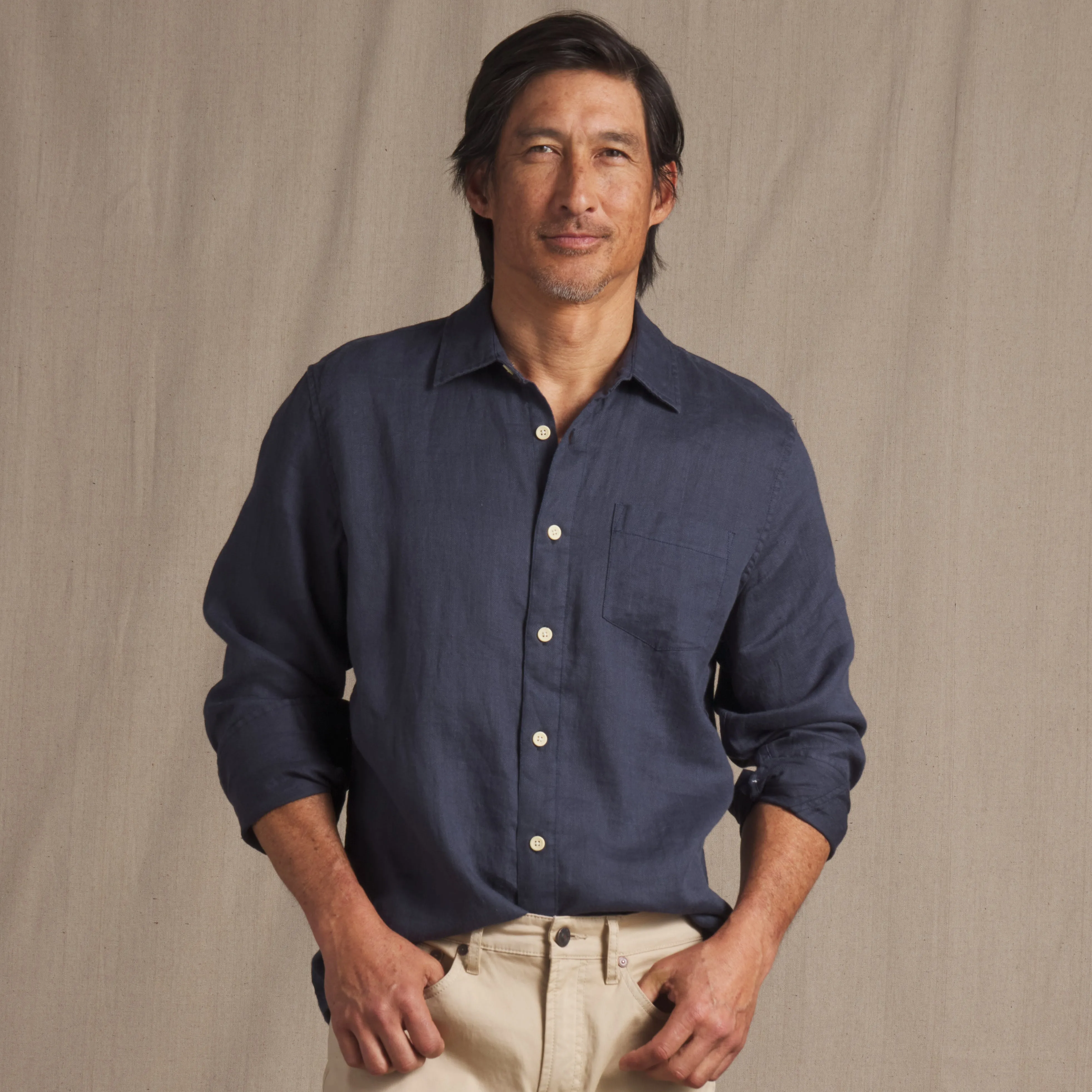 Amalfi Textured Linen Cotton Shirt - Blue Steel