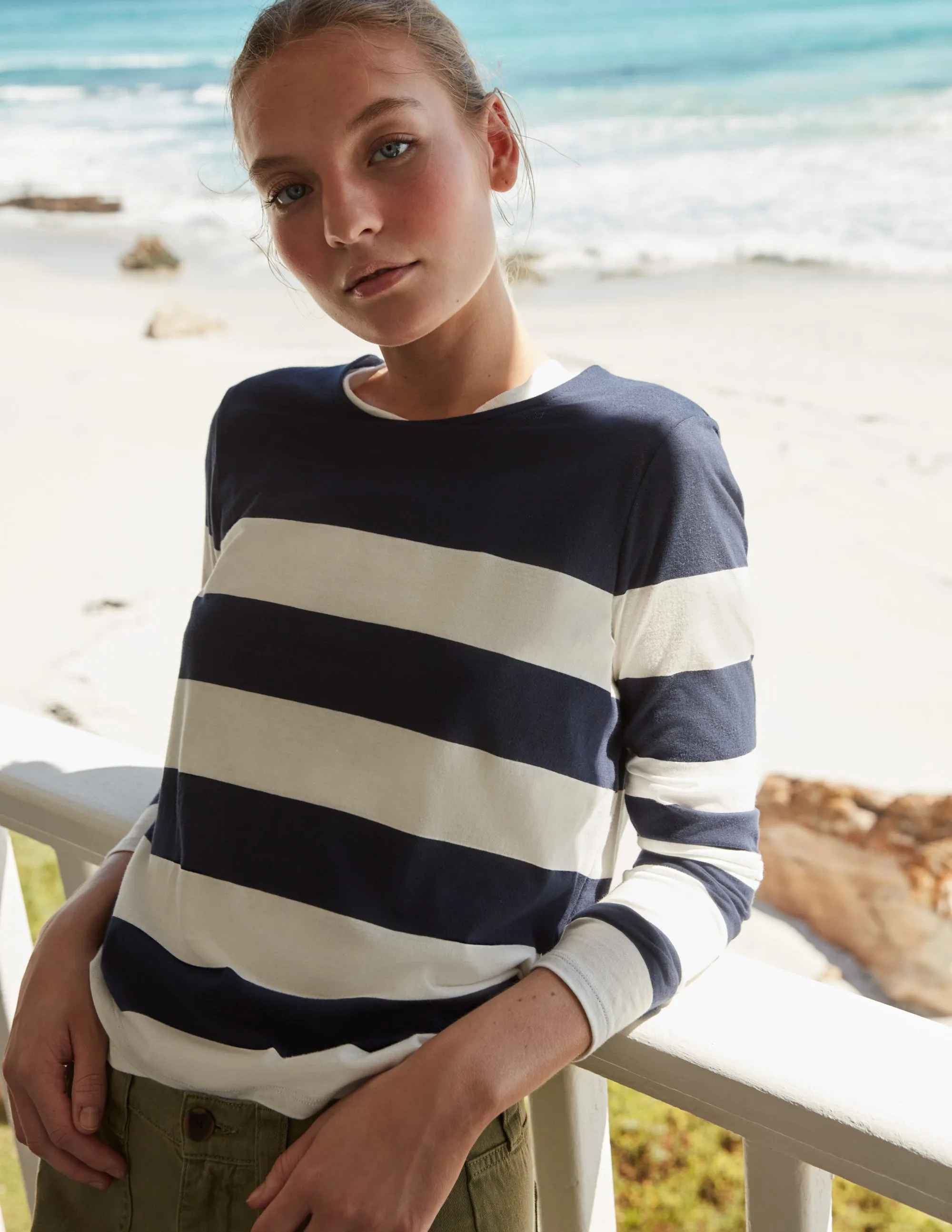 Bea Long Sleeve Breton-Navy/ Ivory Wide Stripe