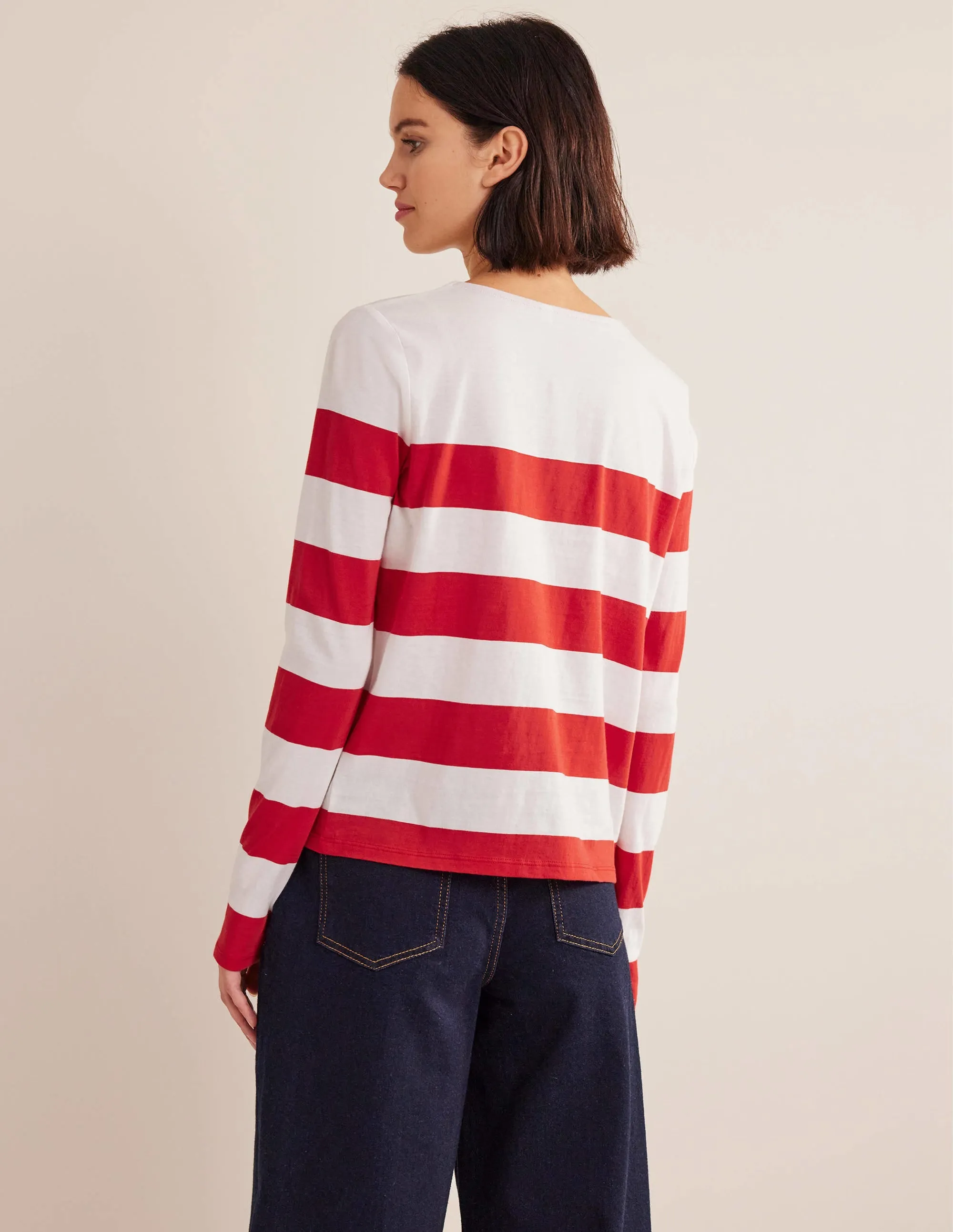 Bea Long Sleeve Breton-Red and Ivory, Wide Stripe