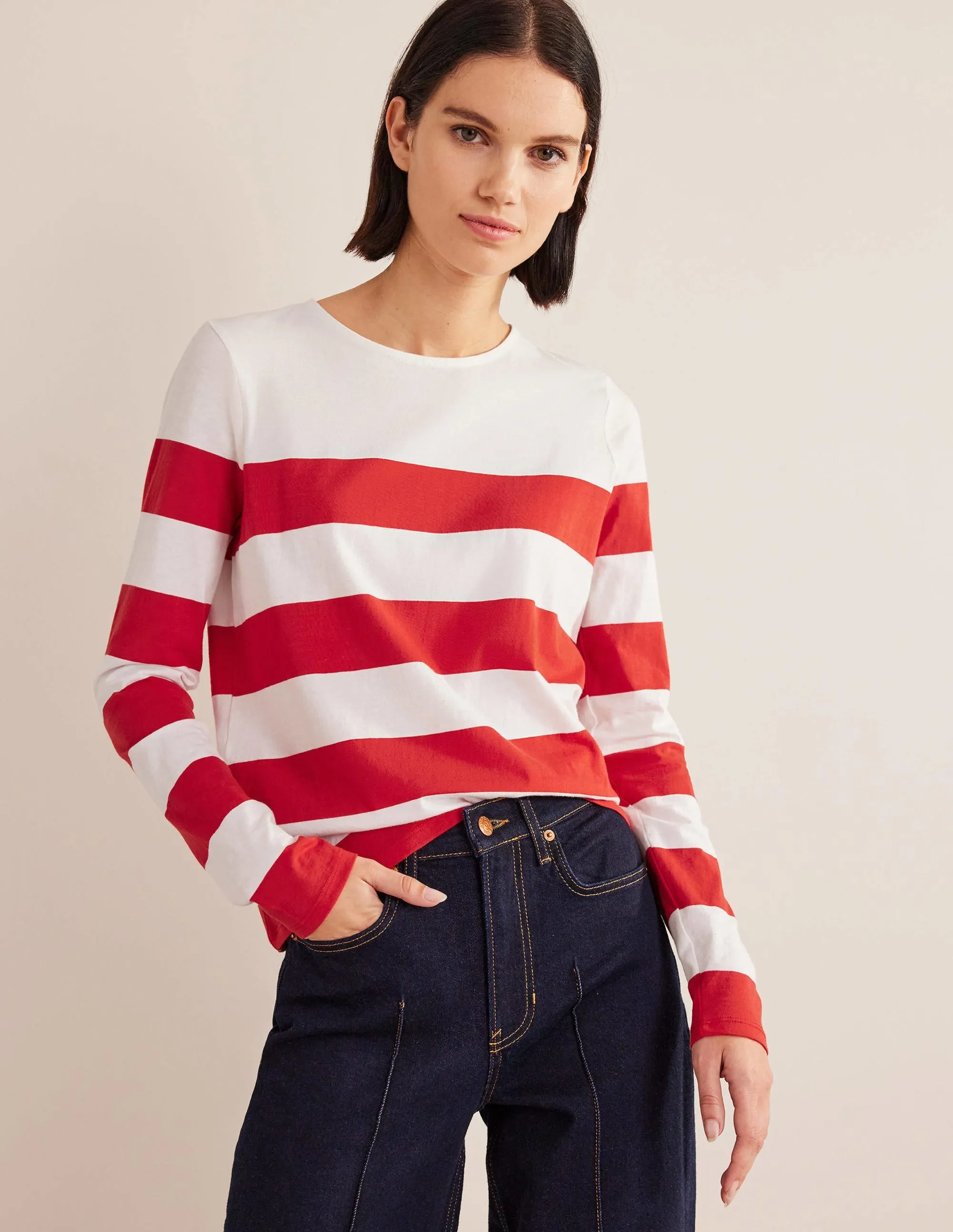 Bea Long Sleeve Breton-Red and Ivory, Wide Stripe