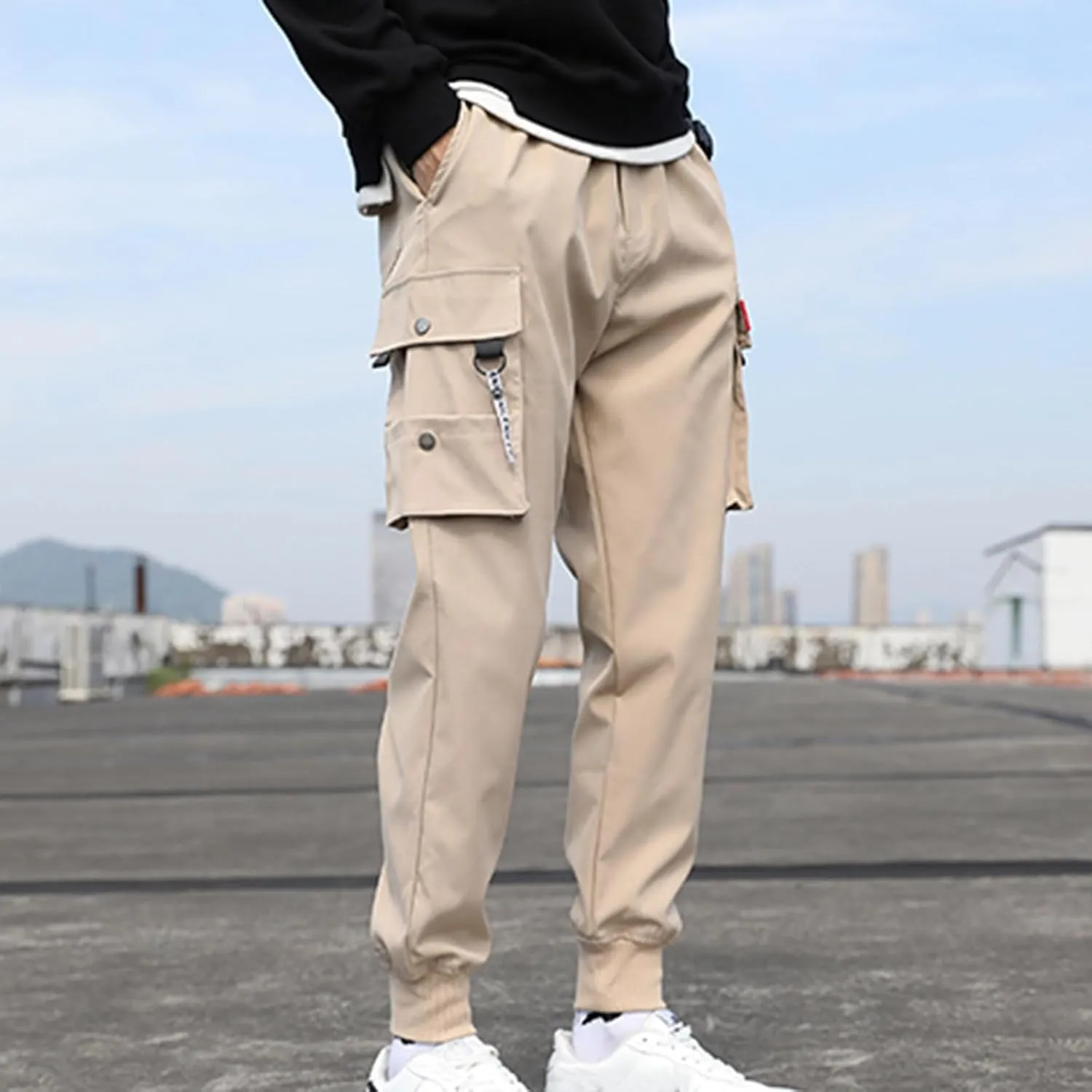 Elastic Waist Cargo Pants for Men Belted Foot Pant Cargo Pants with Pockets Commuter Pants Casual Relaxed Pants