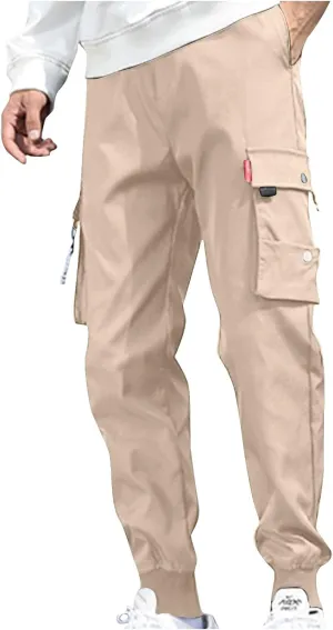 Elastic Waist Cargo Pants for Men Belted Foot Pant Cargo Pants with Pockets Commuter Pants Casual Relaxed Pants