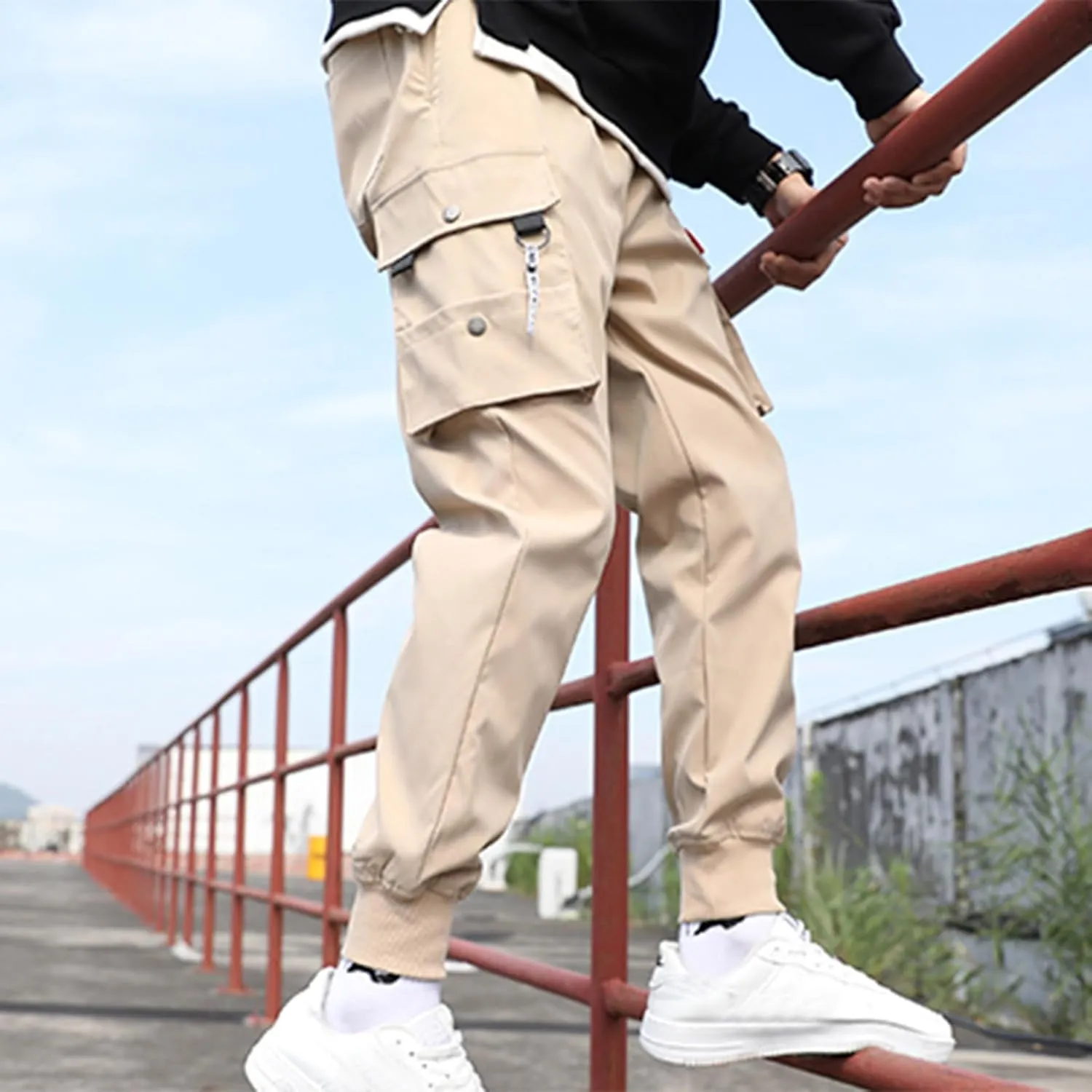 Elastic Waist Cargo Pants for Men Belted Foot Pant Cargo Pants with Pockets Commuter Pants Casual Relaxed Pants