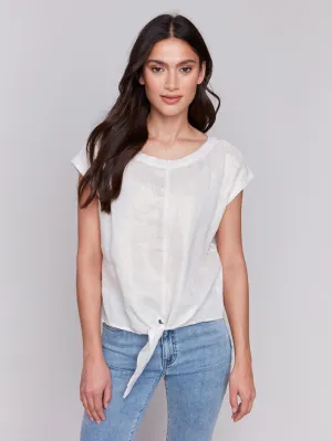 Foiled Linen Blend Tie-Front Blouse - Champagne
