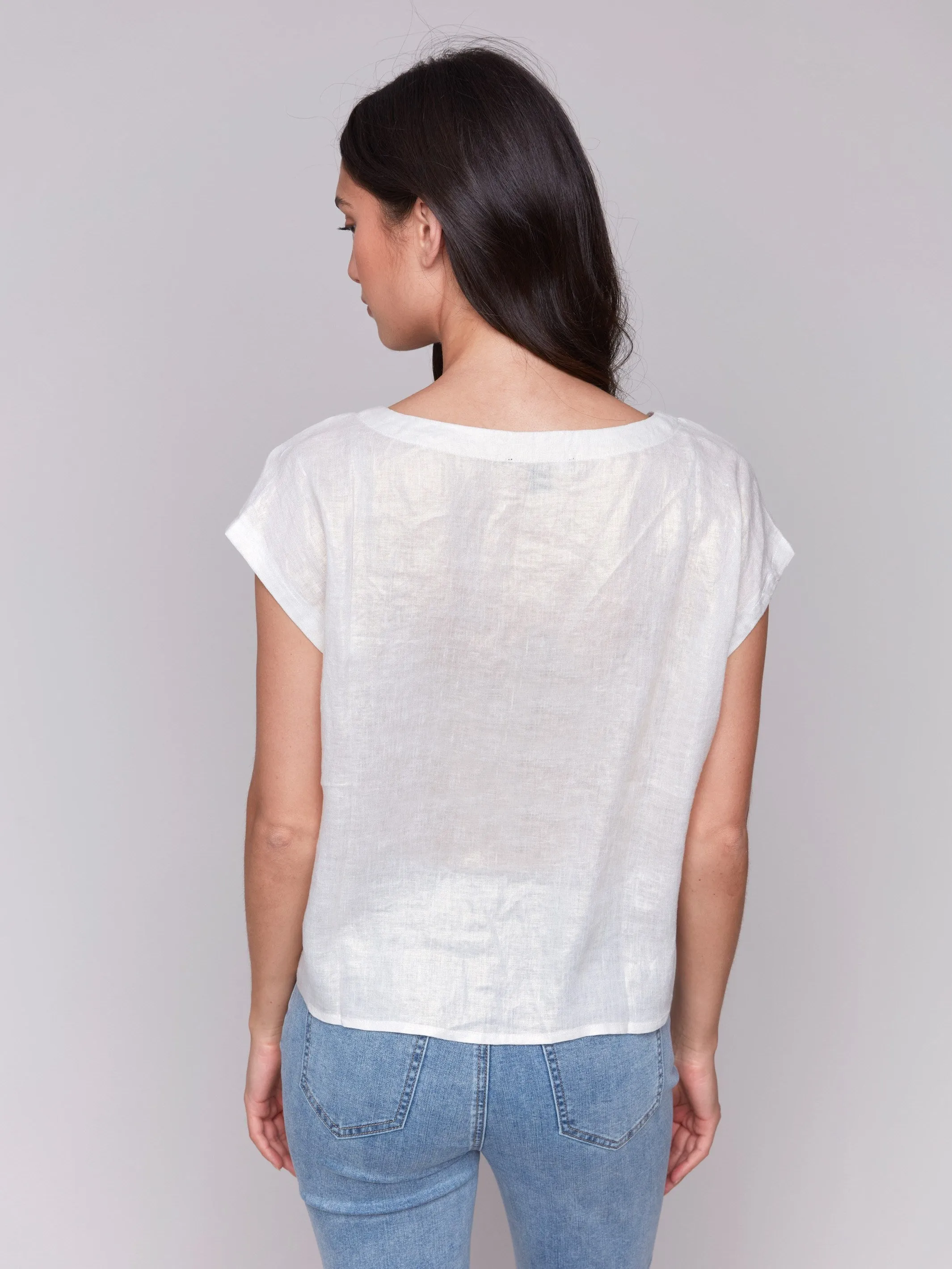 Foiled Linen Blend Tie-Front Blouse - Champagne