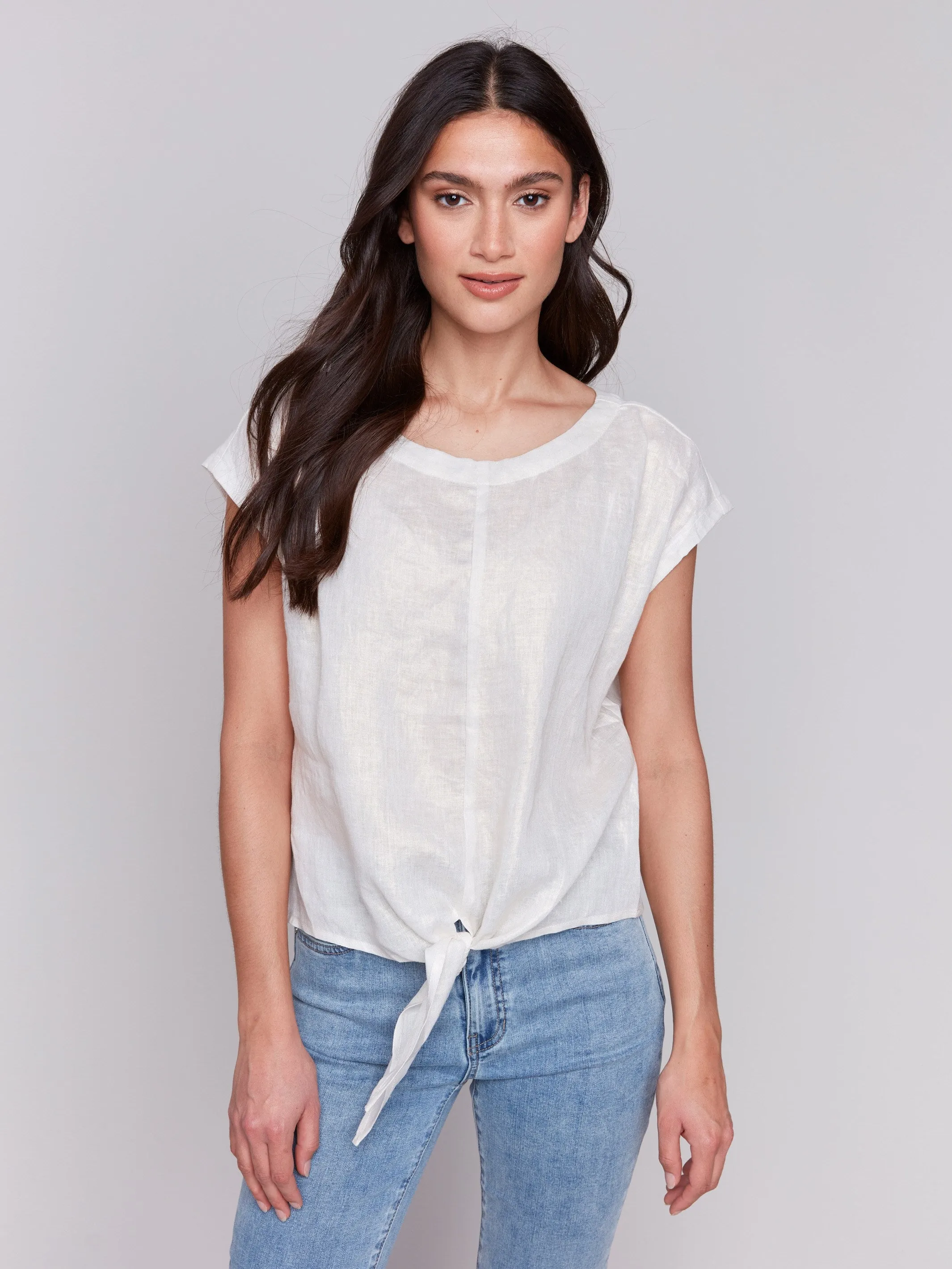Foiled Linen Blend Tie-Front Blouse - Champagne