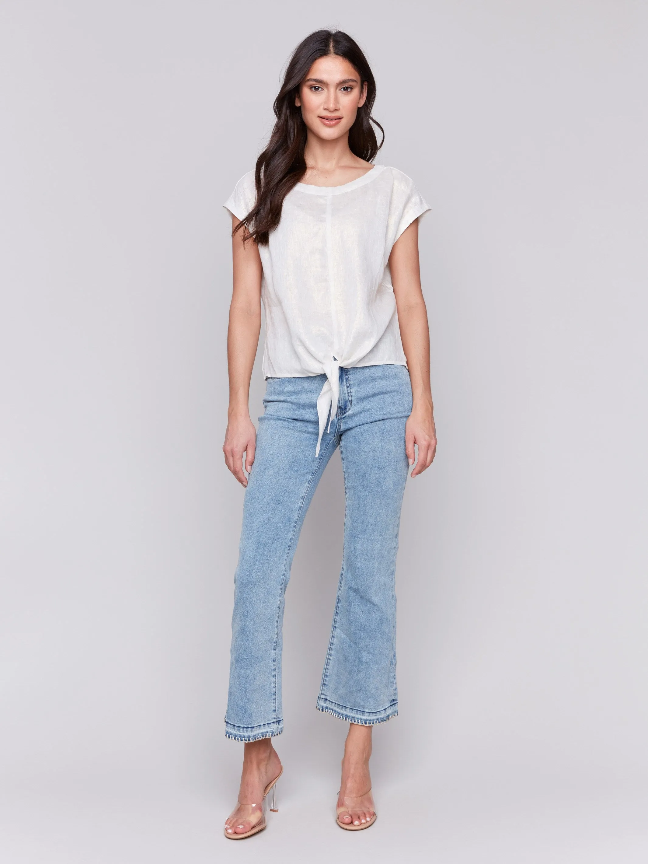 Foiled Linen Blend Tie-Front Blouse - Champagne