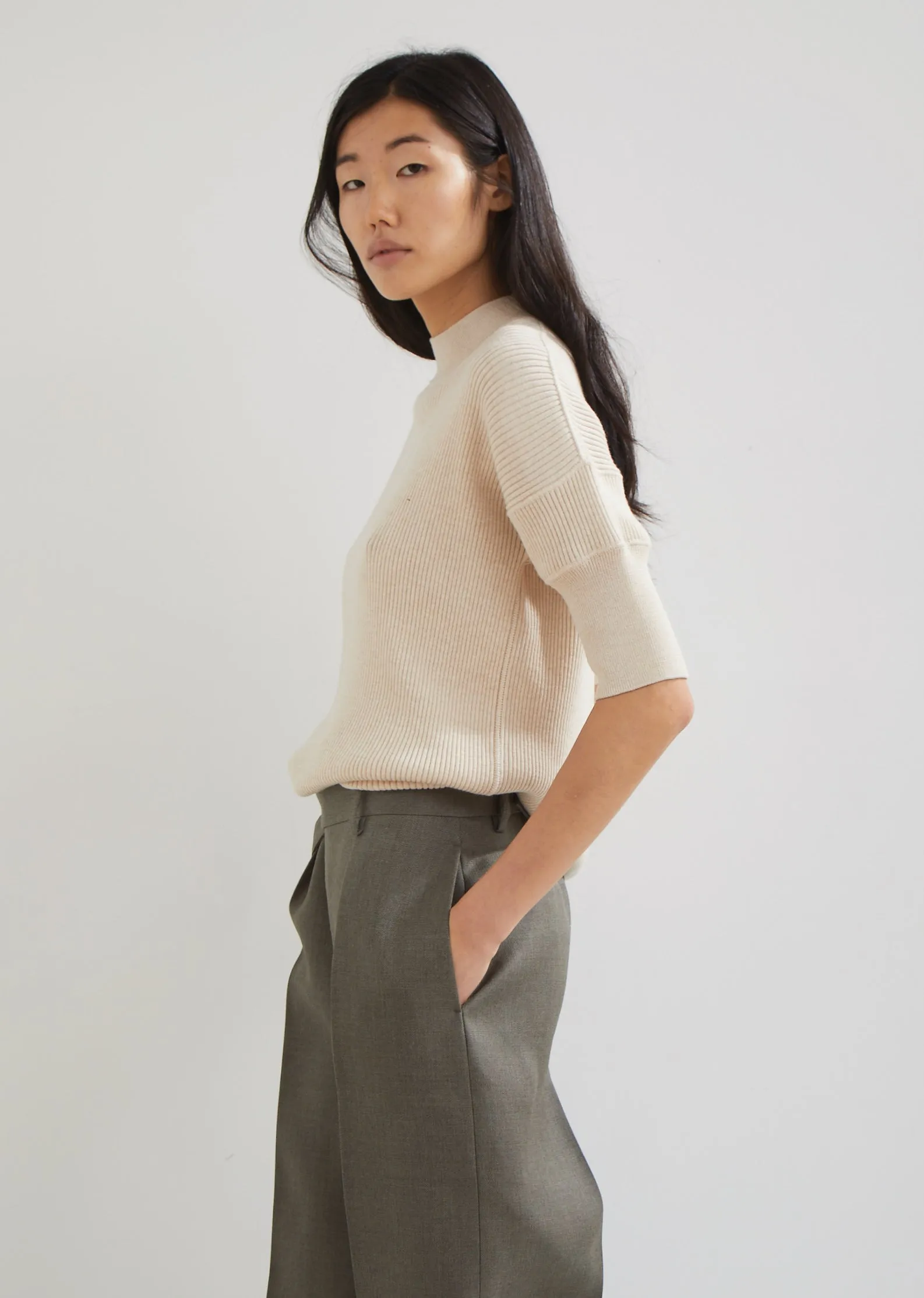Jersey Wool High Neck Ribbed Sweater