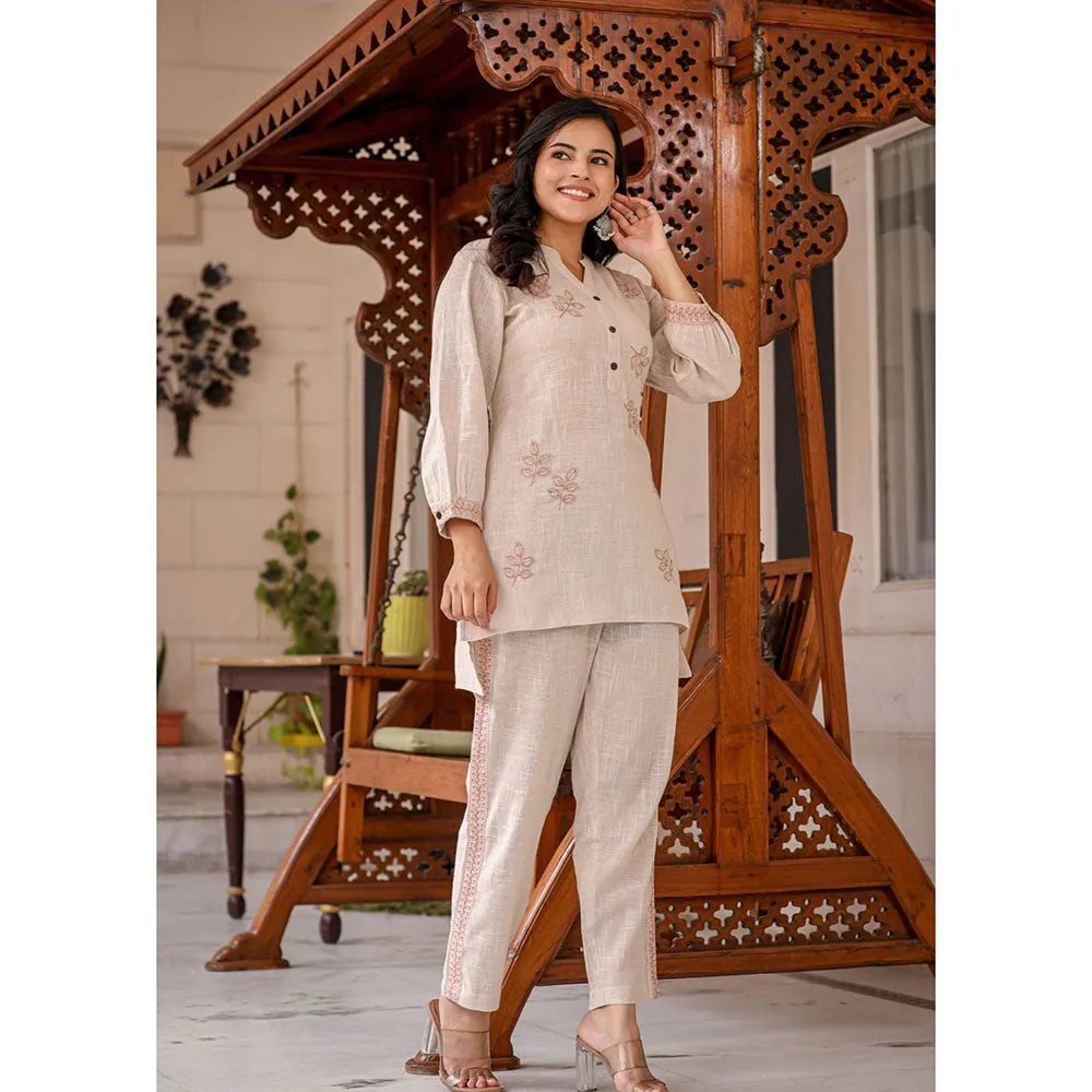 KAAJH Beige Thread Embroidered Cotton Co-Ord (Set of 2)