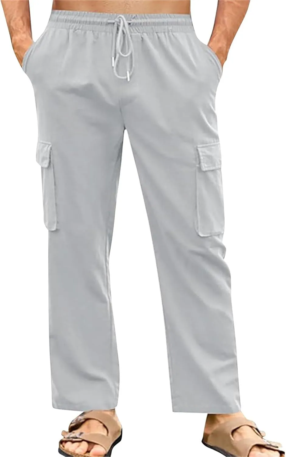 Men's Cotton Linen Cargo Pants Breathable Elastic Waist Drawstring Casual Loose Summer Beach Pants 2025