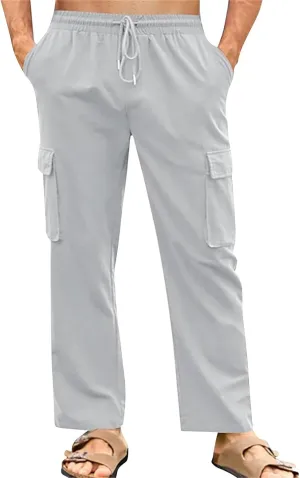 Men's Cotton Linen Cargo Pants Breathable Elastic Waist Drawstring Casual Loose Summer Beach Pants 2025