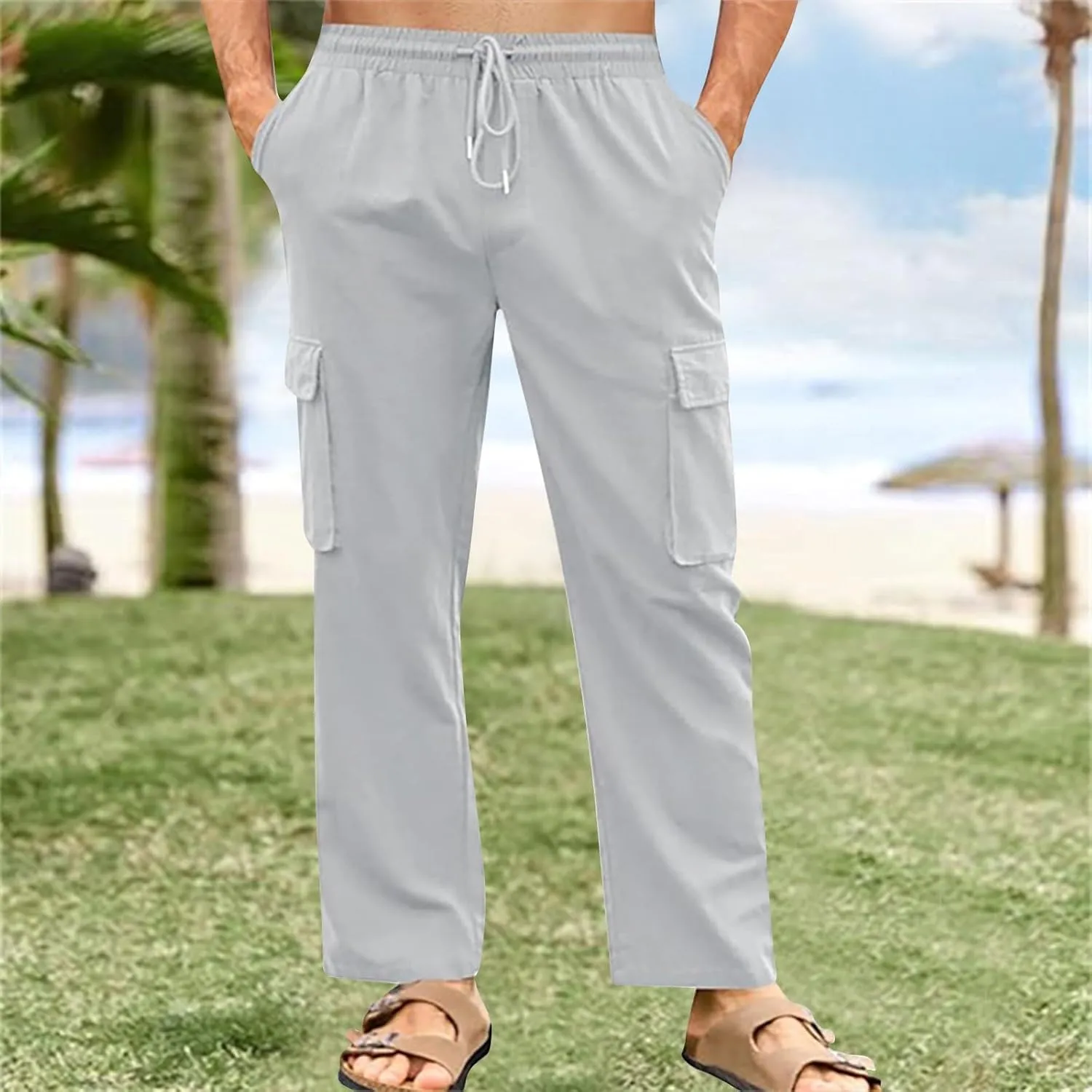 Men's Cotton Linen Cargo Pants Breathable Elastic Waist Drawstring Casual Loose Summer Beach Pants 2025