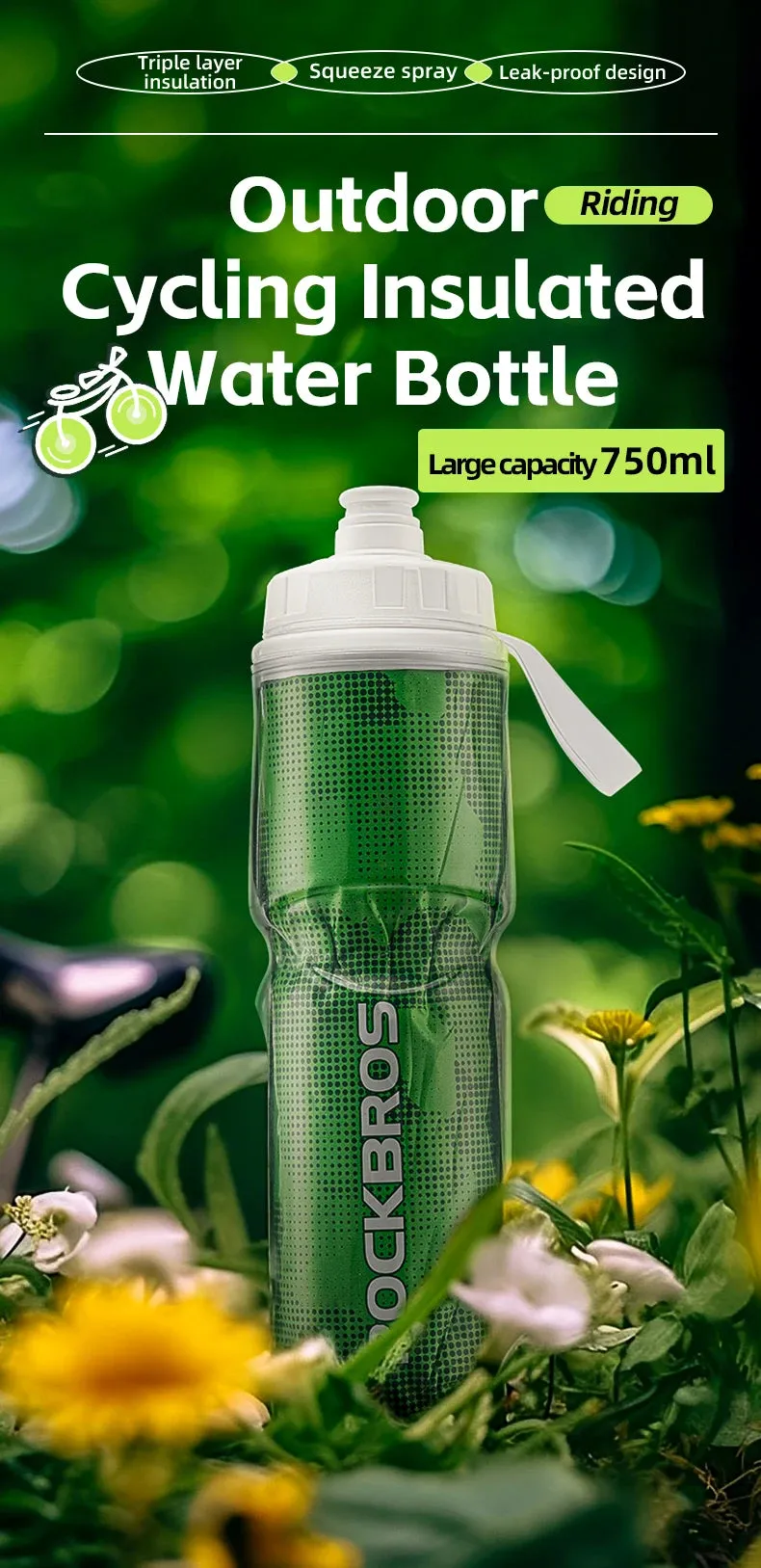 ROCKBROS Bike Water Bottle 750ml PP5 Bicycle Insulated