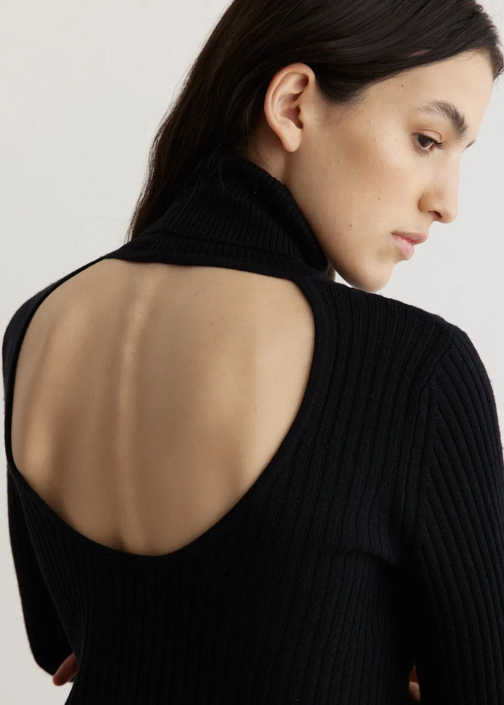 Sprayed Rib Open Back High Neck Sweater