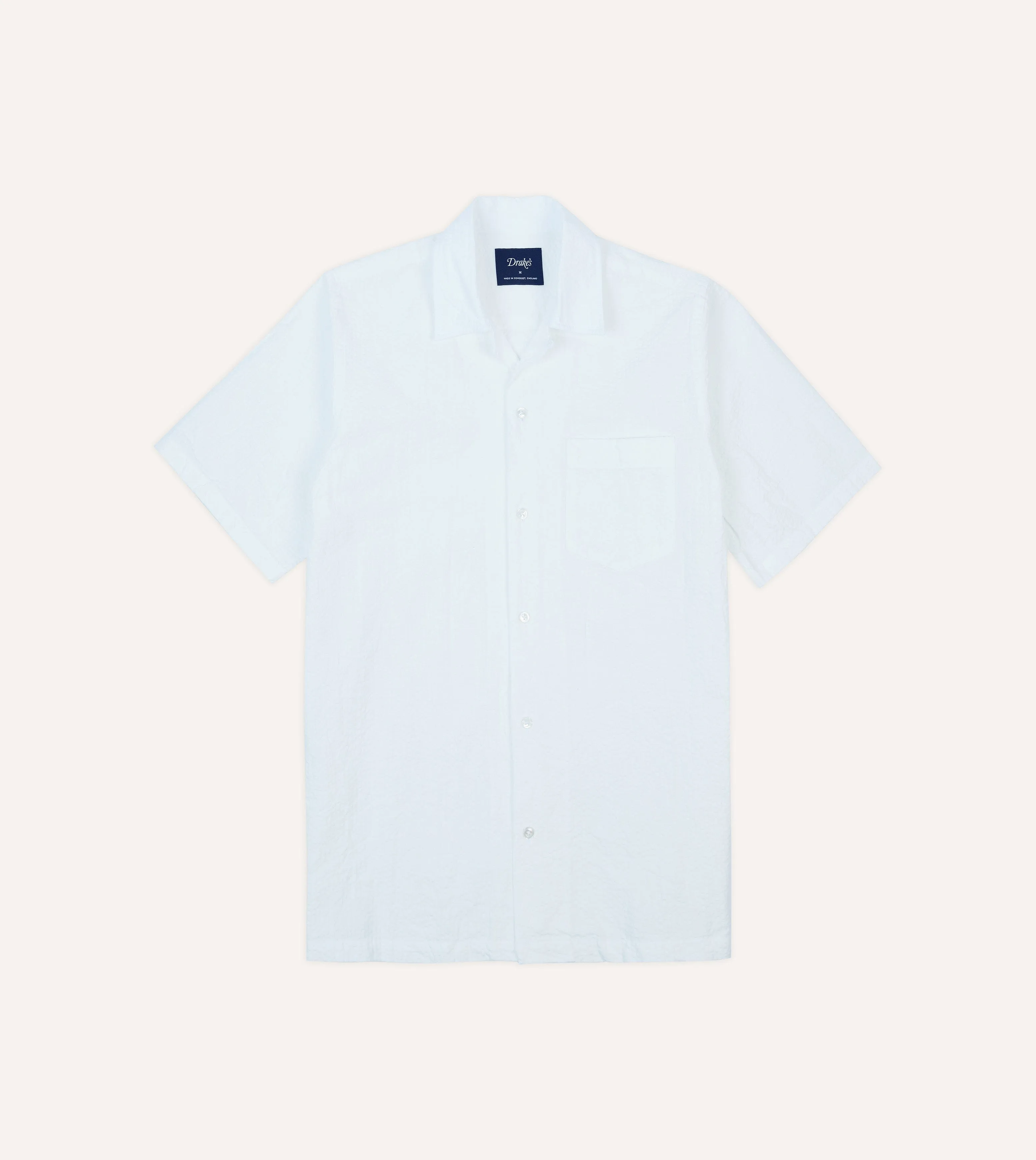 White Cotton-Linen Seersucker Camp Collar Short Sleeve Shirt