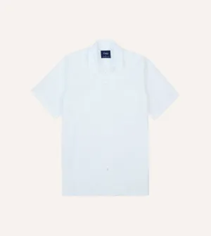 White Cotton-Linen Seersucker Camp Collar Short Sleeve Shirt