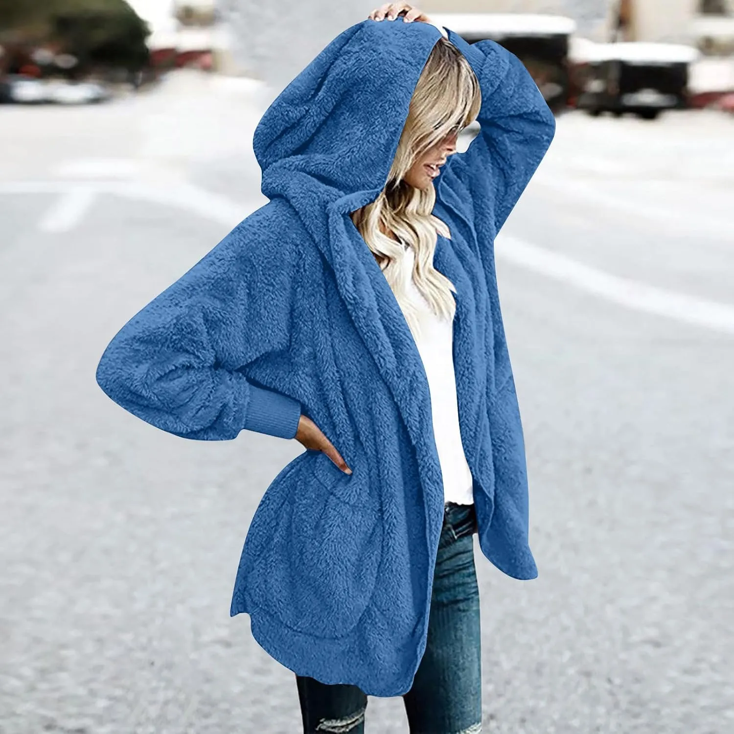 Womens Sherpa Jacket Comfy Fleece Hoodies Fuzzy Jacket Oversized Open Front Cardigan Teddy Coat Outerwear with Pocket