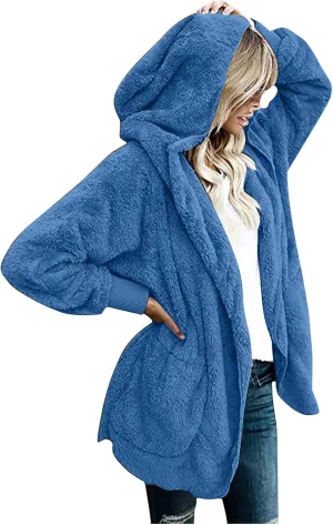 Womens Sherpa Jacket Comfy Fleece Hoodies Fuzzy Jacket Oversized Open Front Cardigan Teddy Coat Outerwear with Pocket