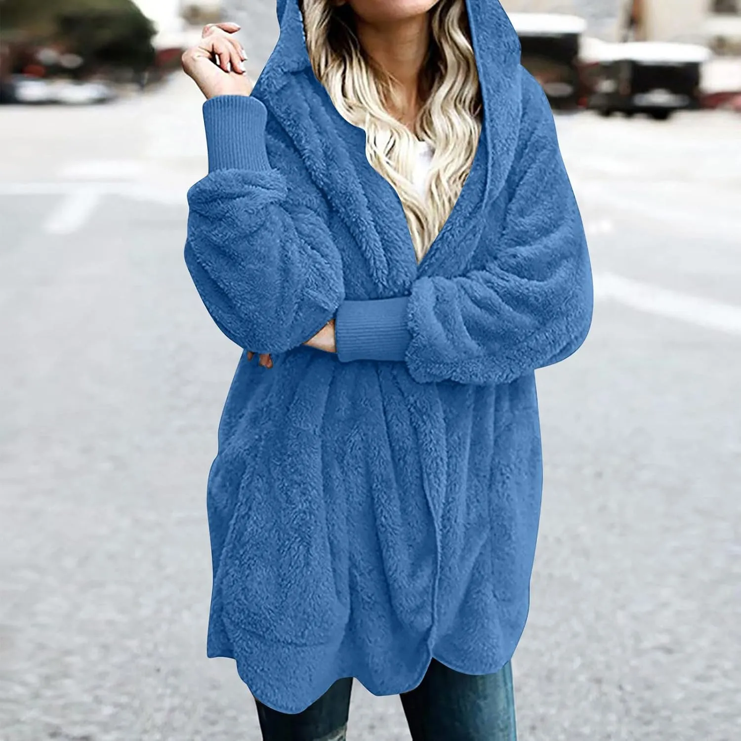 Womens Sherpa Jacket Comfy Fleece Hoodies Fuzzy Jacket Oversized Open Front Cardigan Teddy Coat Outerwear with Pocket