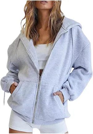 Womens Zip Up Hoodies Long Sleeve Fall Oversized Sweatshirts Fleece Y2K Jacket with Pockets 2024 Fashion Clothes